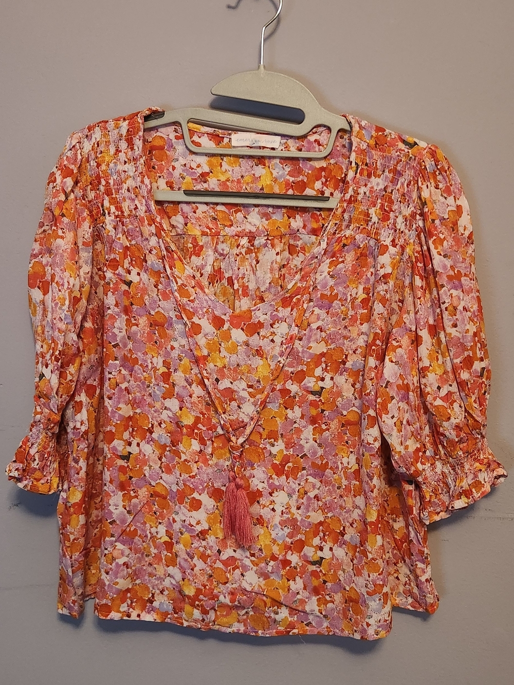 Floral Print V-Neck Peasant Top in Coral Pink
